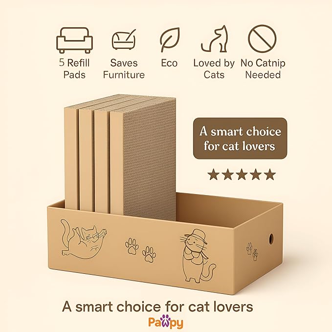 Cat Scratcher Box – Natural Kraft | Recyclable Cardboard Scratch Pads for Indoor Cats | Flat, Reversible Scratch Boards with Debris-Collecting Base