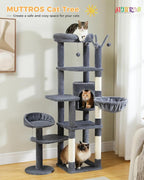59" Cat Tree, Cat Tower for Large Cats, Multi-Level Cat Tower with 3 Removable Pompom Sticks, Cat Tree for Indoor Cats, Cat Condo with Large Hammock, Scratching Post, and 2 Perches, Dark Gray