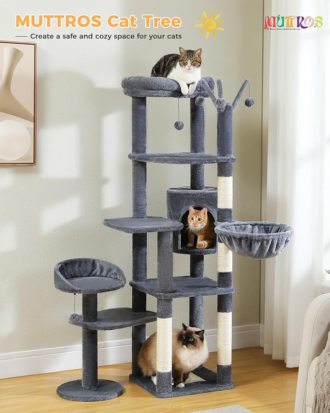 59" Cat Tree, Cat Tower for Large Cats, Multi-Level Cat Tower with 3 Removable Pompom Sticks, Cat Tree for Indoor Cats, Cat Condo with Large Hammock, Scratching Post, and 2 Perches, Dark Gray