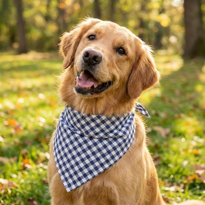 Dog Bandanas 1 Pack; Cotton Linen Blue Bandana Plaid for Large Dogs; Soft Breathable Dog Accessories; Classic Dog Apparel & Accessories