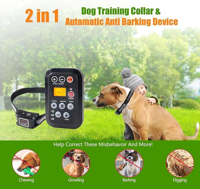 DOTSTAR Dog Training Pet Collar Anti Barking Electric Collar 2 in 1 System, Dual Independent Automatically Switch System, Anti Barking Dog Training Device, Waterproof Rechargeable Dog Collar