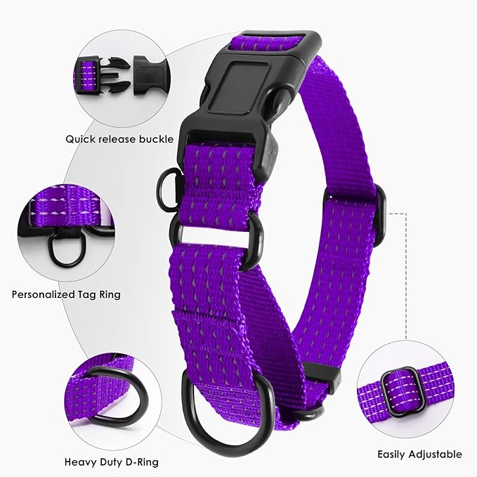 Martingale Dog Collar, Reflective No Pull Training Collar with Quick Release Buckle, Adjustable Heavy Duty Nylon Choker Collars for Small Medium Large Dogs(S,Purple)