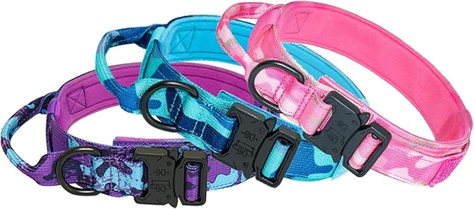 Hotsky Tactical Dog Collar, Adjustable Military Training Nylon Airtag Collar with Handle and Heavy Duty Metal Buckle for Medium Large Dogs, with Airtag Holder and Two Patches（Blue Camo,XL）