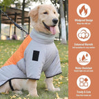 Waterproof Dog Coat for Large Dogs, Winter Warm Jacket with Adjustable Turtleneck, Reinforced D-Ring, Full Front Zipper & Elastic Leg Bands, Windproof Snowsuit Reflective Strip (Grey Orange, 4XL)