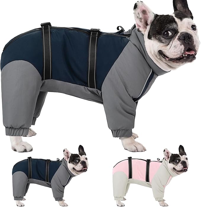 KOESON Four Legged Winter Dog Jacket with Adjustable Buckles, Turtleneck Windproof Fleece Jacket, Reflective Fullbody Puffer Coat Blue Grey L