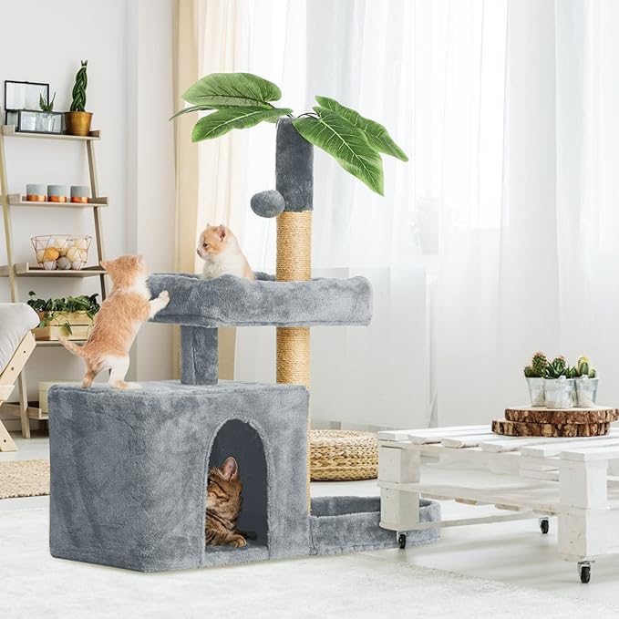 31.5" Cat Tree Tower for Indoor with Green Leaves, Cat Condo Cozy Plush House with Hang Ball and Leaf Shape Design, Cat Furniture Pet House with Scratching Posts, Grey