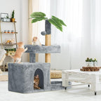 31.5" Cat Tree Tower for Indoor with Green Leaves, Cat Condo Cozy Plush House with Hang Ball and Leaf Shape Design, Cat Furniture Pet House with Scratching Posts, Grey