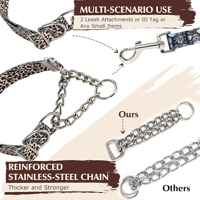Martingale Collar with Chain,Adjustable Soft Durable Choke Collar for Medium Large XL No Pull Training Dog Collars-Leopard L