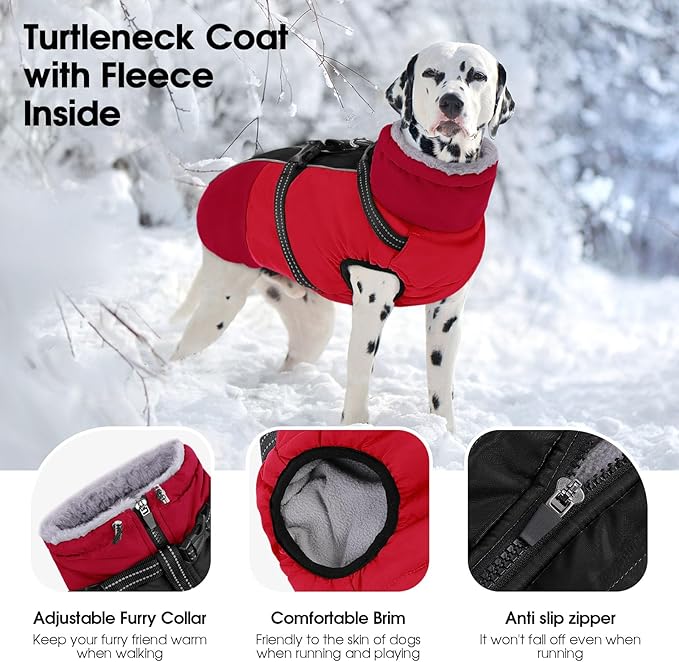 SUNFURA Large Dog Coat with Harness Built in, Warm Dog Jacket Waterproof Pet Winter Coat Snowsuit for Cold Weather, Reflective Fleece Jacket for Large Dogs, Border Collie, Red XL
