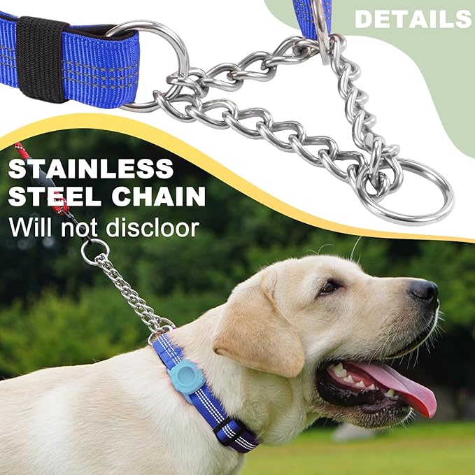 Cymiler Martingale Dog Collar with AirTag Holder, Reflective Nylon Training Collar, Stainless Steel Chain, Heavy Duty Buckle, Limited Slip Collars for Small Medium Large Dogs (Blue, Medium)