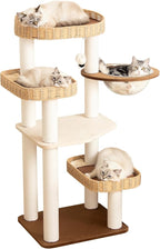 48'' Natural Wood Cat Tree with Rattan Beds & Clear Acrylic Bowl, Multi-Level Cat Tower for Indoor Cats, Modern Wooden Cat Condo with Scratch Posts (Dark Brown)