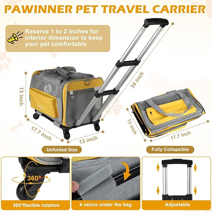Pawinner Pet Carrier with Wheels, 17.7" x 13" x 13" Airline Approved Cat Carrier for Pets up to 20lbs, Newly Designed Rolling Travel Bag with Telescopic Handle, for Small Dogs and All-Breed Cats