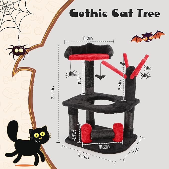 Nobleza Gothic Cat Tree with Coffin Bed, 24.4" Halloween Black Goth Cat Tree Tower for Indoor Cats, Spooky Cat Tree Stand Climber Pole with Hanging Spiders Bats for Kitten, Black Red, Small