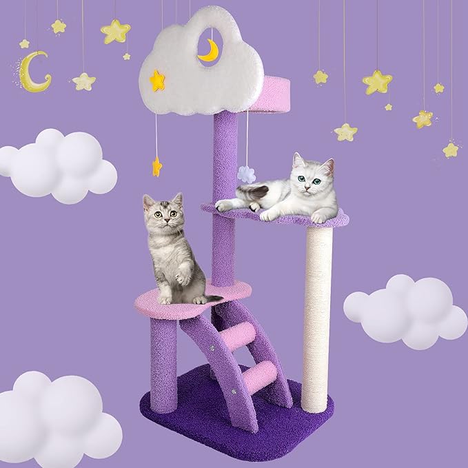 Lucky Monet 43 Inches Cat Tree Tower for Indoor Cats, 3-Layer Purple Cute Purple Pink Cat Tree Unique Cat Condo with Scratching Post