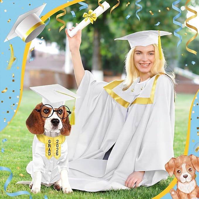 5 Pcs Dog Graduation Costume Set Include 2026 Pet Graduation Gown with Stole Puppy Grad Cap Lensless Glasses DIY Letter Stickers for Dogs Cats Holiday Costume Accessory(White Gold,XL)