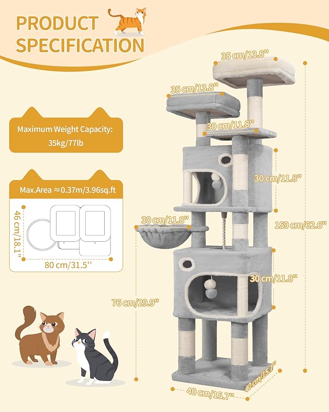 62.6" Cat Tree for Indoor Cats, Cat Tower, Multi-Level Cats Condo with 8 Scratching Posts, 3 Platforms, 2 Caves, Basket, Plush Balls, Sisal Rope, Anti-Tip Kit, Light Grey MS15918LG