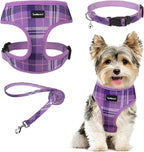 SCENEREAL No Pull Dog Harness Collar and Leash Set Small Medium Sized Dog, Soft Mesh Puppy Harnesses, No Chock Plaid Adjustable Pet Vest for Outdoor Walking Training and Running, Purple XS