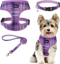 SCENEREAL No Pull Dog Harness Collar and Leash Set Small Medium Sized Dog, Soft Mesh Puppy Harnesses, No Chock Plaid Adjustable Pet Vest for Outdoor Walking Training and Running, Purple S