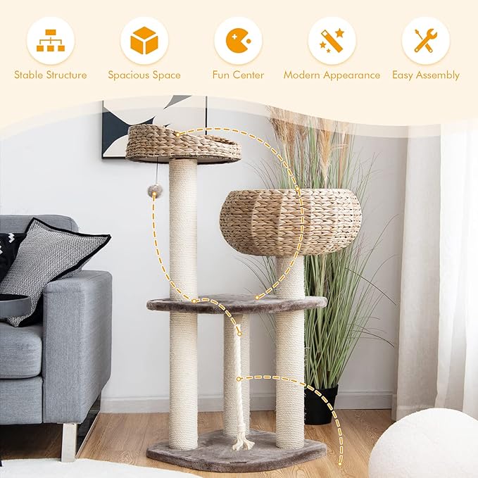 41 Inches Wicker Cat Tree, Modern Cat Tower with Handwoven Cat Condo & Perch, Scratching Post, Dangling Balls and Sisal Rope, Indoor Cat Tree Tower for Large Adult Cats 20 Lbs