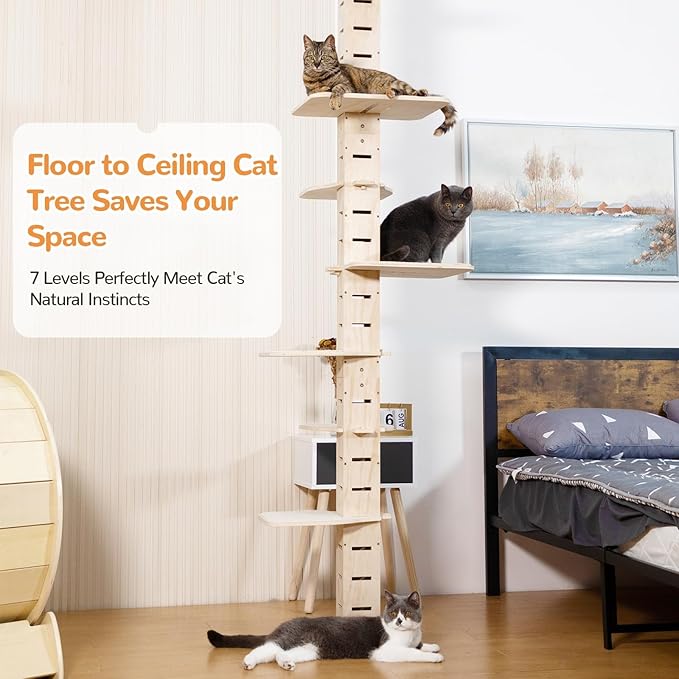 COZIWOW Floor to Ceiling Cat Tree for Large Cats, Cat Tower with Non-Slip Platforms 7 Tier Tall Climbing Pole with Adjustable Height (98-114 Inches) Modern Climbing Tower, Wood, Indoor
