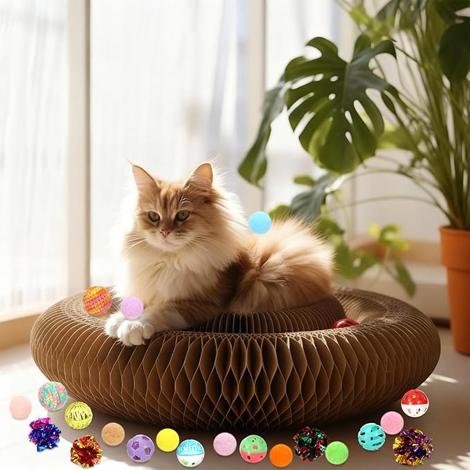 Zopeal 64 Pcs Easter Cat Toy Gift Set Magic Cat Scratcher Board Ball Launcher Gun Crinkle and Yarn and Plastic Bell Ball Kitten Toy with Bow for Pet Interactive Engaging Gift(Organ Shape)