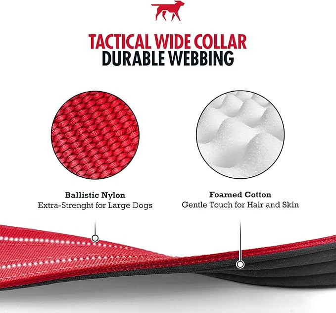 Tuff Pupper Tactical Dog Collar with Handle | Heavy Duty Adjustable Dog Collar | Military Nylon Collar for Large Dogs | Quick-Release Buckle | Soft Padded Comfort | Training Control (Red, Large)