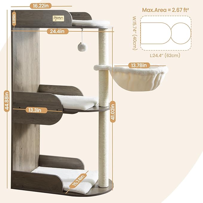 Modern Wood Cat Tree Tower for Indoor Large Cats, Cat Scratching Posts with Big Perch Bed, 44.8" Tall Multi-Level Wooden Cat Condo with Hammock, Removable Pads, Kitty Furniture, Greigy