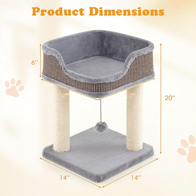 PETSITE 20 inch Small Cat Tree, Modern Cat Tree with Top Soft Upholstered Bed, Sisal Scratching Posts & Mats, and Interactive Dangling Ball, Ideal for Small Indoor Cats and Kittens