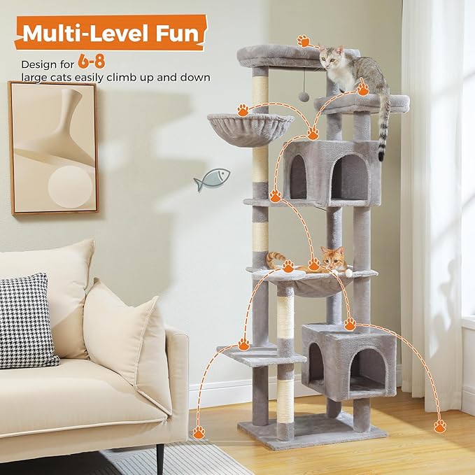 PETEPELA 69" Tall Cat Tree for Indoor Large Cats, Cat Tower for Adult Cats with Big Hammock, Cat Climbing Tree Tower with Scratching Posts, Condo House and Large Top Perch, Grey