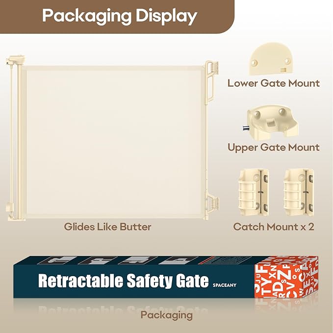 Retractable Safety Baby Gate or Mesh Dog Gate,Durable Portable Mesh Retractable Gate,Easy to Use for Stairs, Doorways, Hallways, Indoor, Outdoor, 33.5" Tall, Up to 55" Wide, Cream