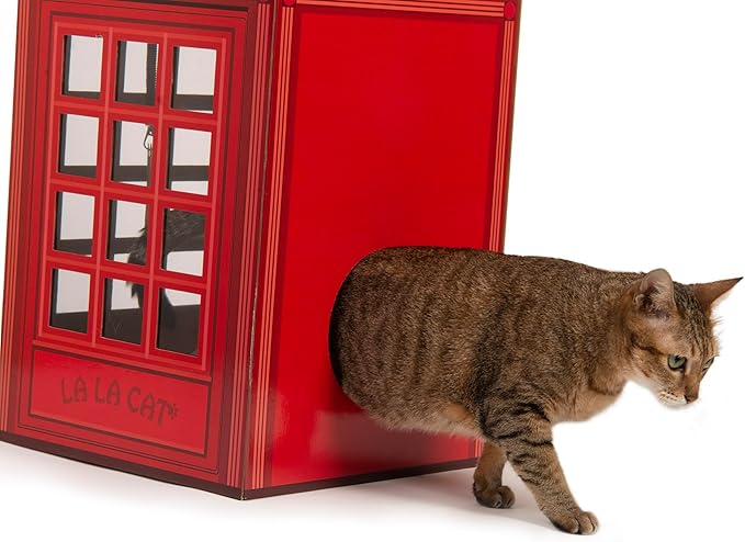 The British Red Telephone Booth Cat House Features a Flag Teaser Wand for Cats
