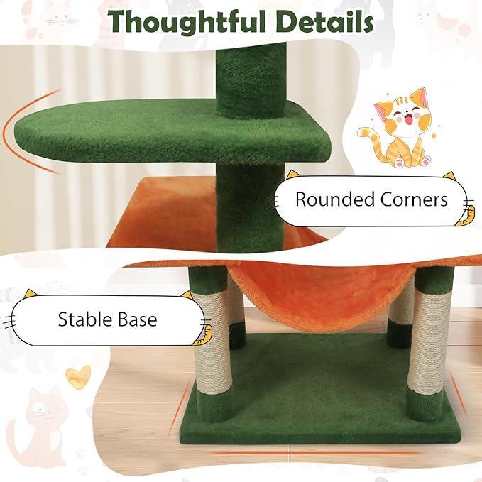 Tangkula 58 Inch Cat Tree Tower, Multi-Level Cat Tower with Sisal Scratching Posts, Padded Top Perch, Condo & Hammock, 3 Hanging Balls, Jumping Platforms for Indoor Cats (Green & Orange)