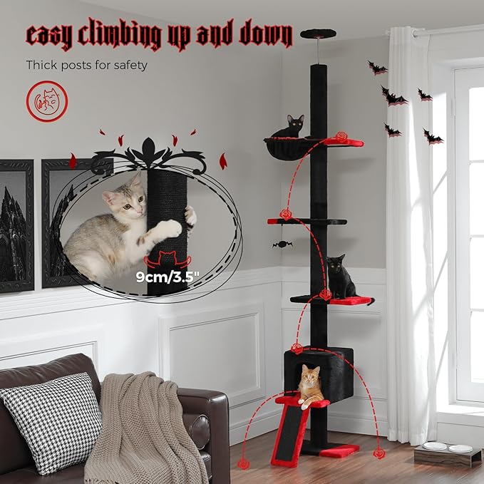 PETEPELA Floor to Ceiling Cat Tree[83"-108"], Cat Tower 5 Levels, Height Adjustable, Cat Scratching Post with Top Perches and Spacious Condo for Large Indoor Cats, Black