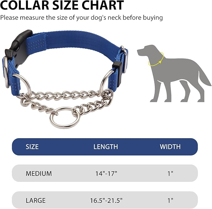 Martingale Dog Collar with Quick Release Buckle Steel Chain No Pull Training Reflective Collar for Medium Large Dogs(Blue, Large)