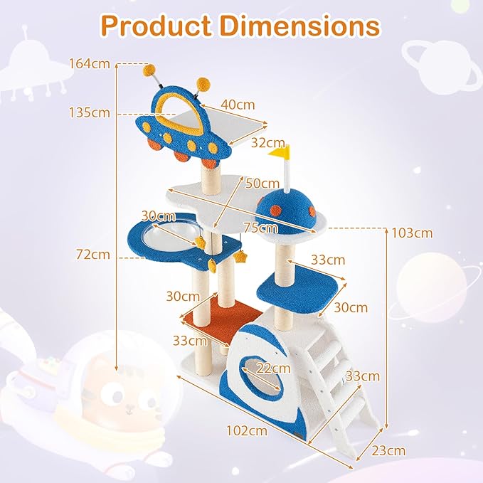 PETSITE 64.5 Inch Space-Themed Cat Tree, Multi-Level Cat Tower with Sisal Scratching Posts, UFO-Shaped Top Perch, Climbing Ladder, Hanging Star-Shaped Jingling Toys, Cute Cat Tree for Indoor Cats