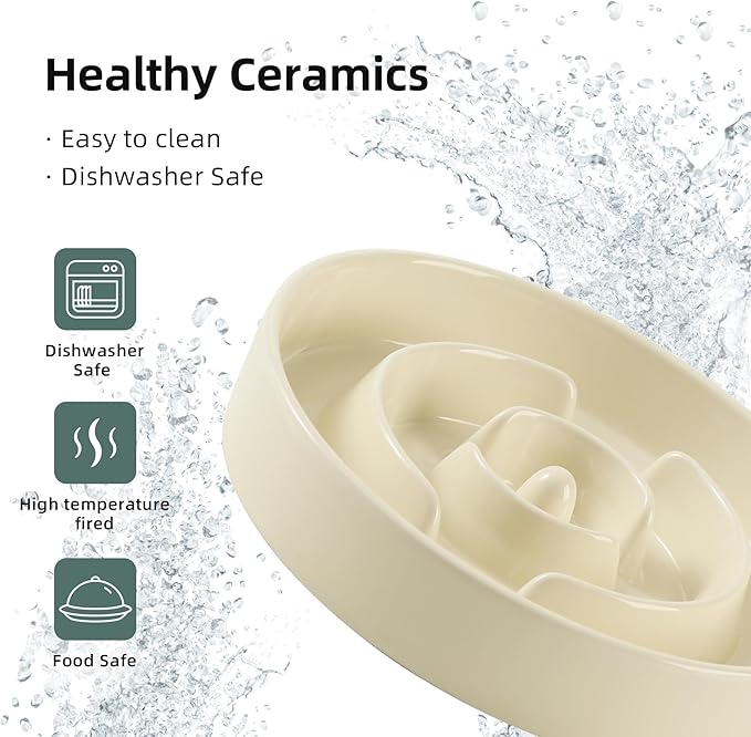Ceramic 3.2 Cup Slow Feeder Dog Bowl for Large Dog, 9.5inch Puzzle Food Dish, Anti-Gulping, Stop Bloat, Preventing Choking (Single Bowl-Light Yellow)