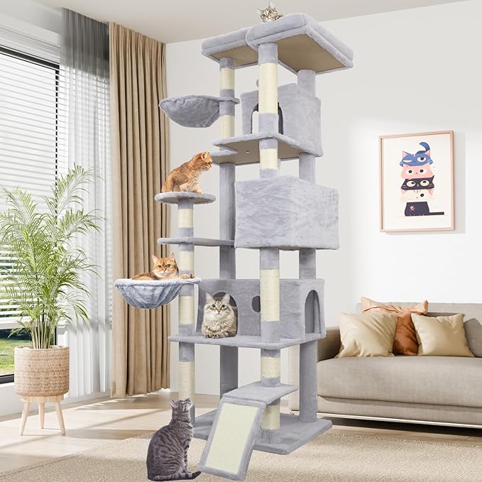 84.6in Cat Tree, Patent Fabric Multilevel Cat Tower for Adult Cats, Climbing Tree House and Towers with Condo Hammock Scratching Post Large Platform Wide Base