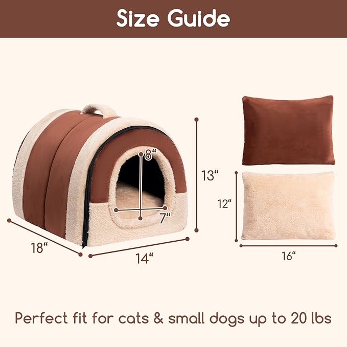 Hollypet Cat Bed Self-Warming 2 in 1 Foldable Kitty Cave Hut House Nest Pet Sleeping Bed, Crystal Velvet Pet Condo for Indoor Cats, Brown Arched Cave