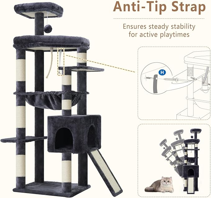 Heybly Heavy Duty Cat Tree, 64.2-Inch Tall Tower for Large Indoor Cats with Widened Structure, Cat Furniture with Big Platforms, Extra-Large Hammock, Sisal Scratching Posts & Board, Smoky Gray HCT027G