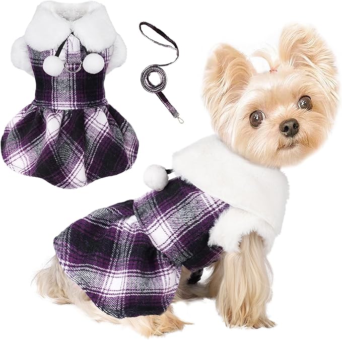 Dog Sweater with Leash Set Plaid Fleece Dog Clothes for Small Dogs Girl Boy Winter Pet Dress Cold Weather Coat Fall Sweater for Chihuahua Yorkie Cat Puppy Costumes (Purple, Medium)