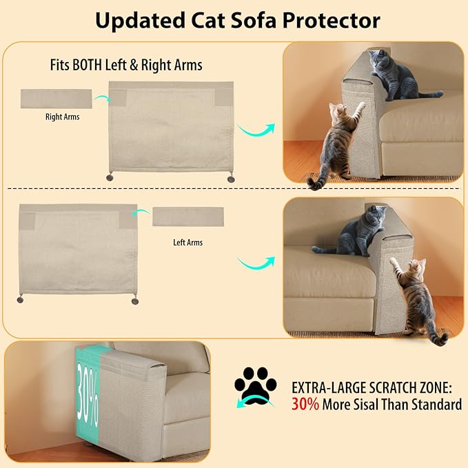 Couch Protector from Cat Claws - Color Matched Cat Scratch Pad for Both Side Arm,Couch Cover for Cats with Expanded Coverage Sisal Area, Universal Fit and No Left/Right Needed (Beige)