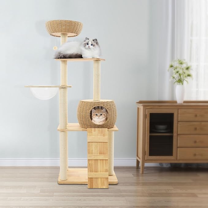 59" Big Modern Cat Tree, Multi-Level Cat Climbing Frame for Indoor Cats Tall Cats Tree with Cat Nest and Space Capsule Cat Tower with Sisal Scratching Posts Solid Oak Cat Condo