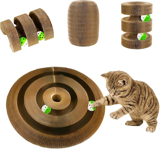 Kitty Kurlz Cat Toys, Magic Organ Cat Scratcher Board with 2 Bell Balls,Twisty Paws Cat Toy Foldable＆Changeable, Interactive Kitty Curls for Indoor Cats Physical & Mental Exercise-Coffee Brown