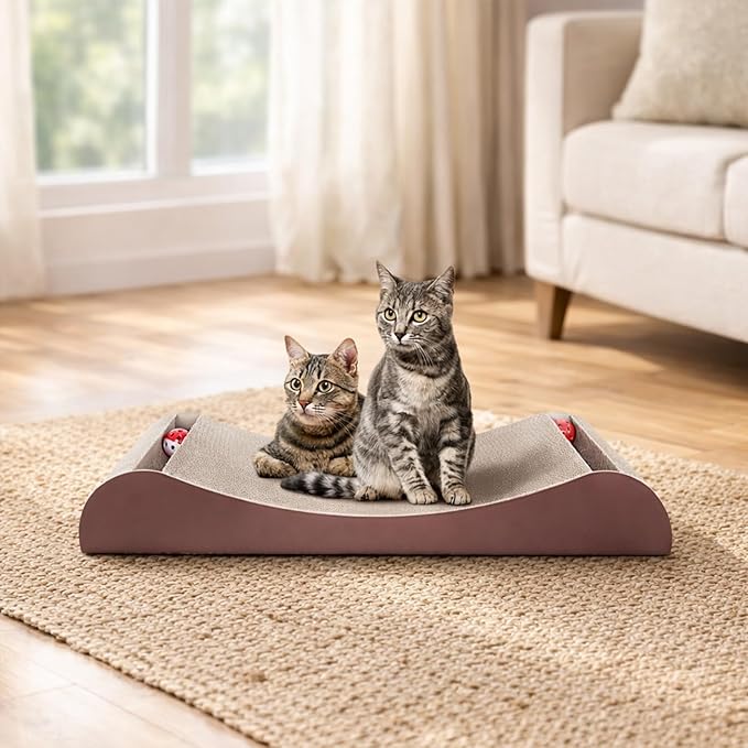 Simple Delxue Cat Scratcher Cardboard Lounge Bed with Bell Ball Toy, 30 Inches Large Horizontal Cat Scratcher Pad, 100% Recyclable & Reversible Durable Cardboard Scratching Board for Indoor Cats