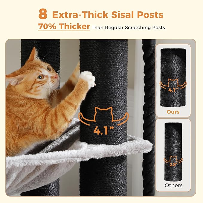 Maine Coon Cat Tree-67 Large Cat Tower for Indoor Cats Large Adult with 7 Thick Black Scratching Posts (φ4.3), Multi-Level Condo, Big Perch & Hammocks -Black