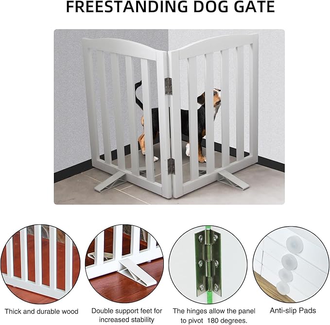 Freestanding Dog Gate Indoor, Doggie Gate Foldable Dog Gates for Doorways,Stairs or Hallways, Wooden White Pet Gate for the House,Pet Fence with Support Feet Included, 32 "Height-2 Panels