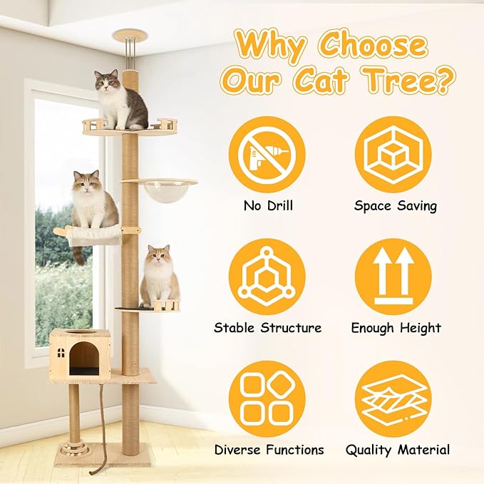 Cypherx Floor to Ceiling Cat Tree, 6 Tier Tall Cat Tower Adjustable Height (81-109 in), Modern Cat Tree Tower for Indoor Cats with Scratching Post, ransparent Capsule and Cozy Hammock, Wood