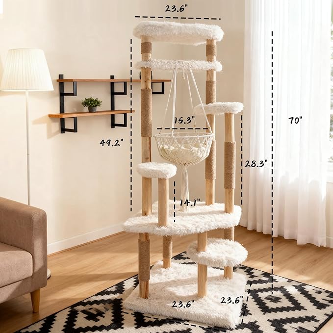 Modern Multi-Level Cat Tree Tower for Indoor Cats, 70" Tall Natural Solid Wooden Cat Tower with Sisal Scratching Post, Luxury Cat Furniture with Swing Hammock for Cat Households White