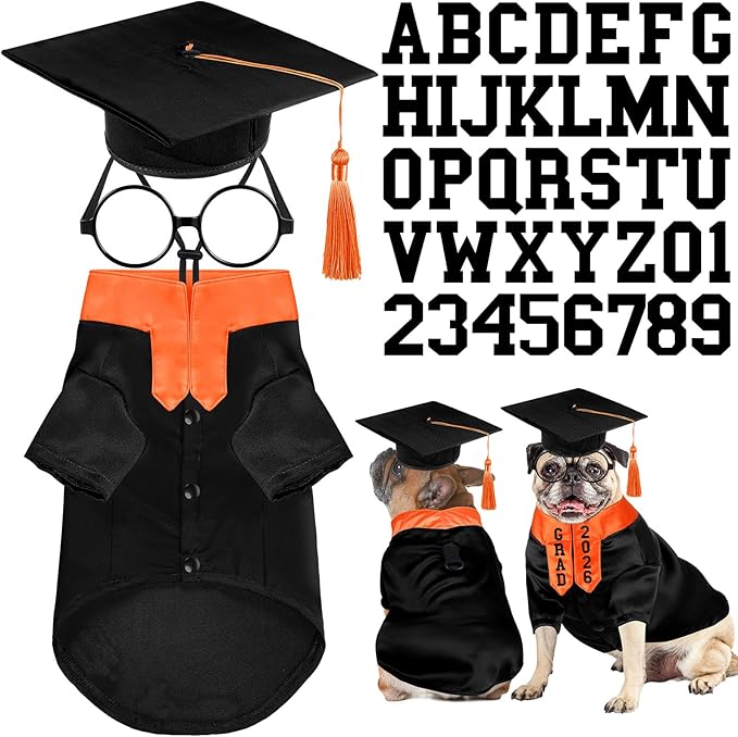 5 Pcs Dog Graduation Costume Set Include 2026 Pet Graduation Gown with Stole Puppy Grad Cap Lensless Glasses DIY Letter Stickers for Dogs Cats Holiday Costume Accessory(Black Orange,M)