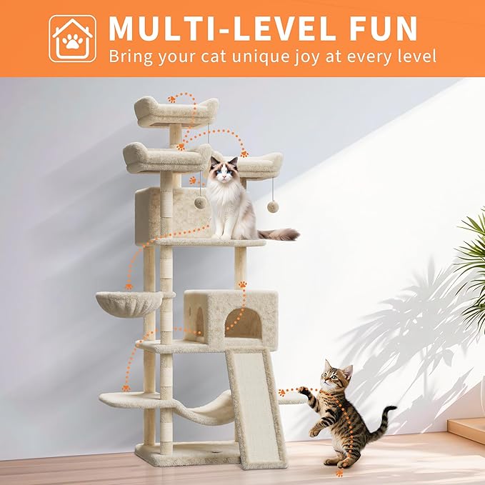68.5 in Multi-Level Cat Tree for Indoor Cats Large Adult Heavy Duty Cat Tower for Large Cats with 2 Condos/Plush Perches/Sisal Scratching Posts/Hammocks/Basket/Dangling Balls, #2605 Beige